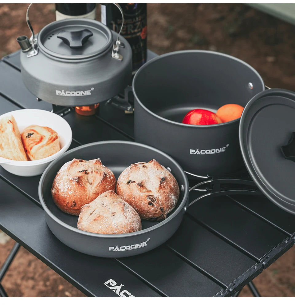 PACOONE Camping Cookware Set — Portable Outdoor Pot, Pan, Kettle & Tableware Kit