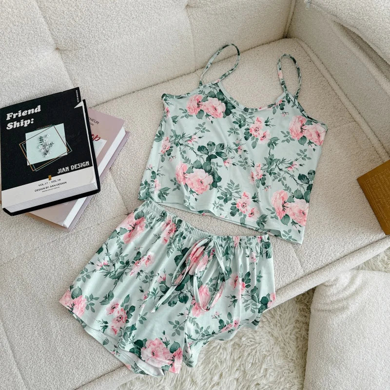 Women's Ice Silk Print Pajama Set | Round Neck T-Shirt & Shorts Breathable Homewear