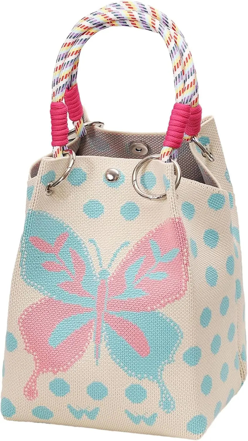 Mini Knitted Geometric Colorblock Bucket Bag – Detachable Handle Wristlet Purse for Women
