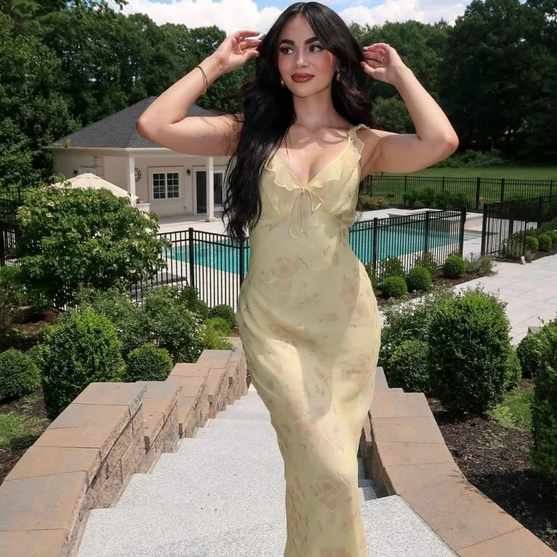 Floral Plunge Backless Maxi Dress — Sexy Fairy Beach Vacation Dress