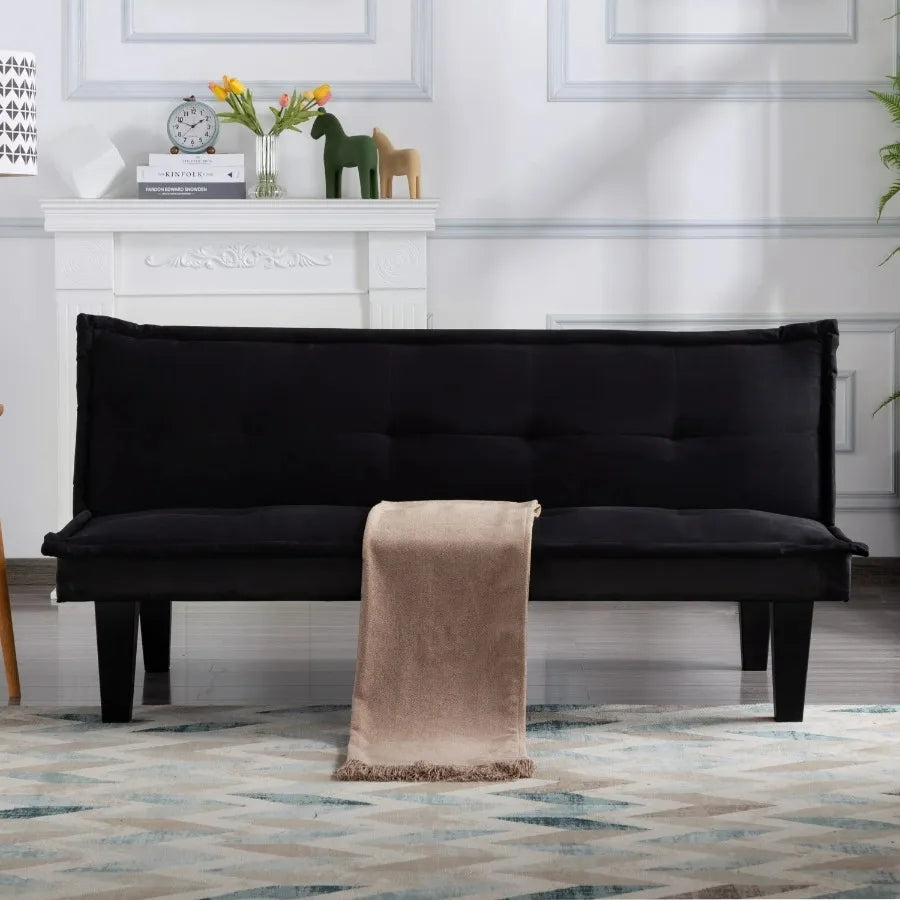 Gewnee 63.8" Futon Sofa Bed | Black Convertible Sleeper Couch, 3-Position Backrest, Faux Suede, Small Spaces