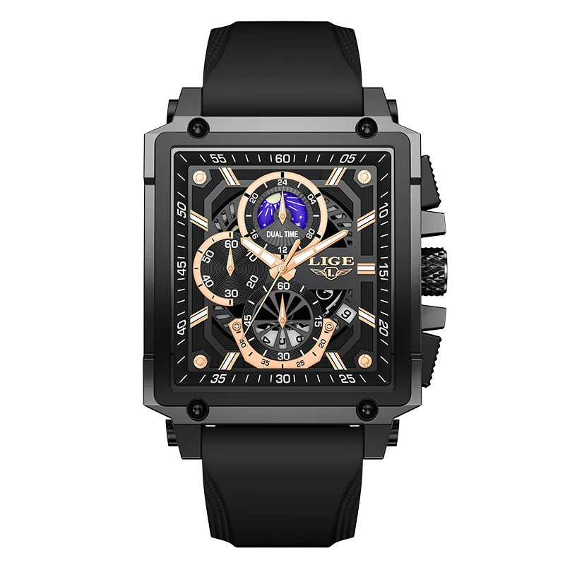 LIGE Men's Hollow Square Sport Watch | Fashion Silicone Strap Waterproof Quartz Wristwatch with Box