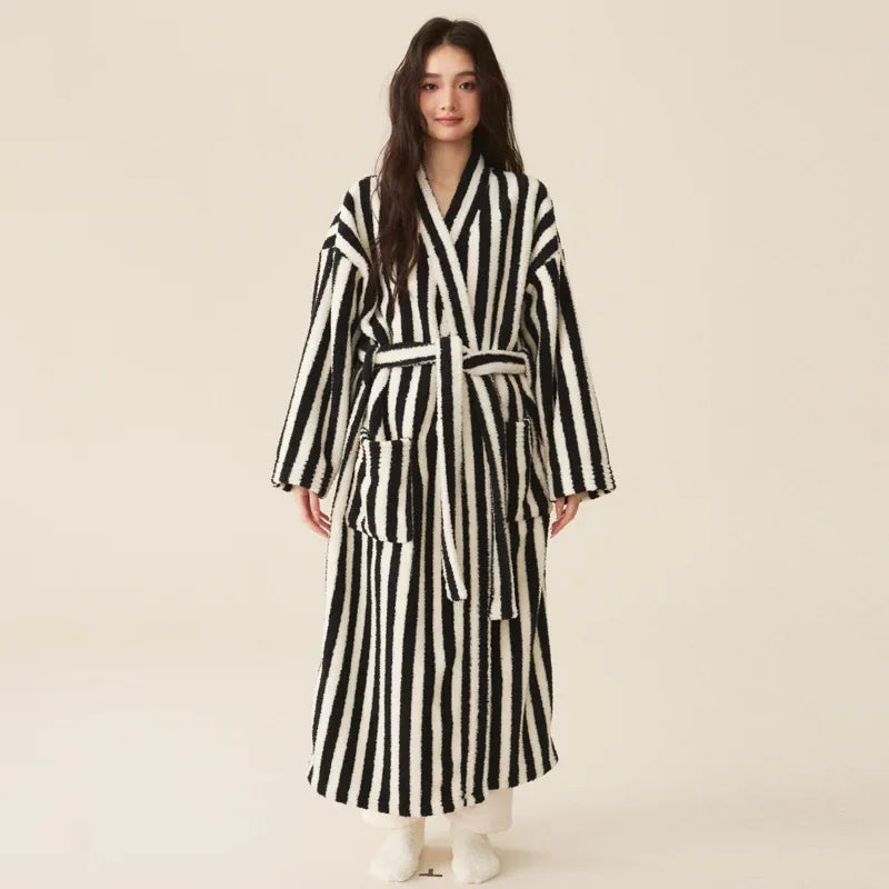 Thickened Flannel Robe & Pants Pajamas Set | Couple Coral Velvet Striped Bathrobe Homewear
