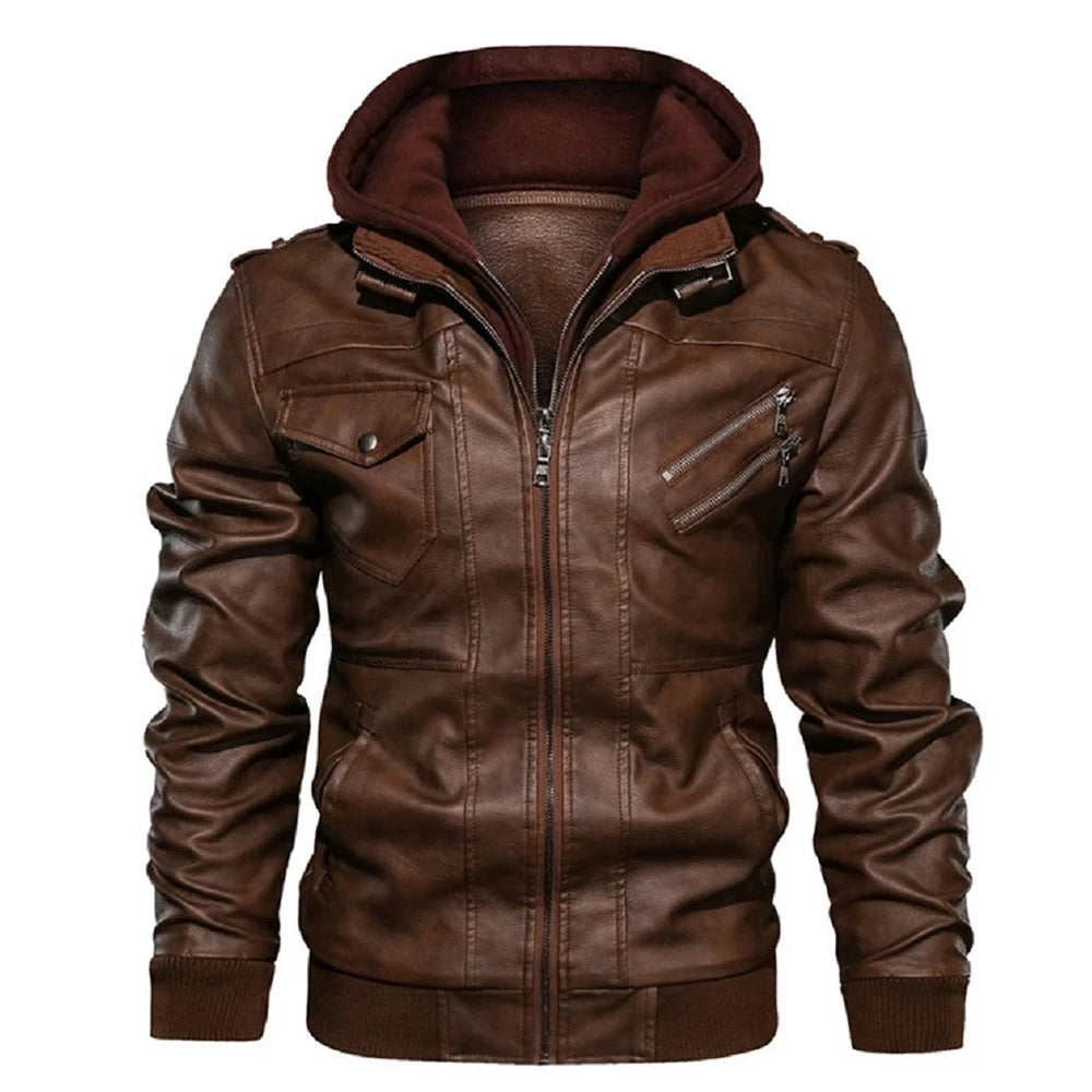 Men's Faux Leather Biker Jacket – Detachable Hood