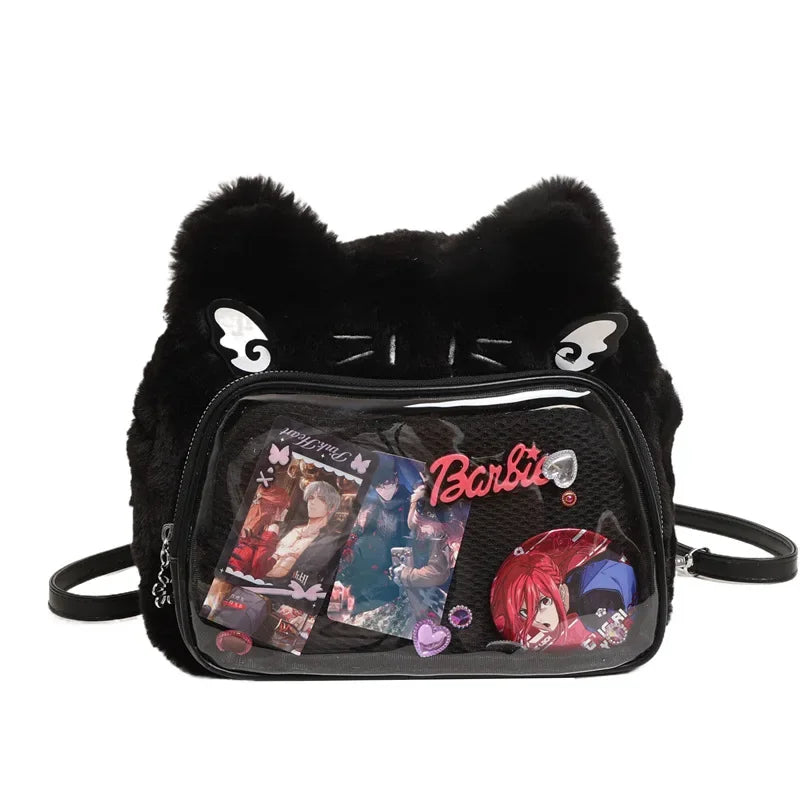 Furry Plush Kawaii Cat Ita Backpack – Cute Student Crossbody Bag for Women