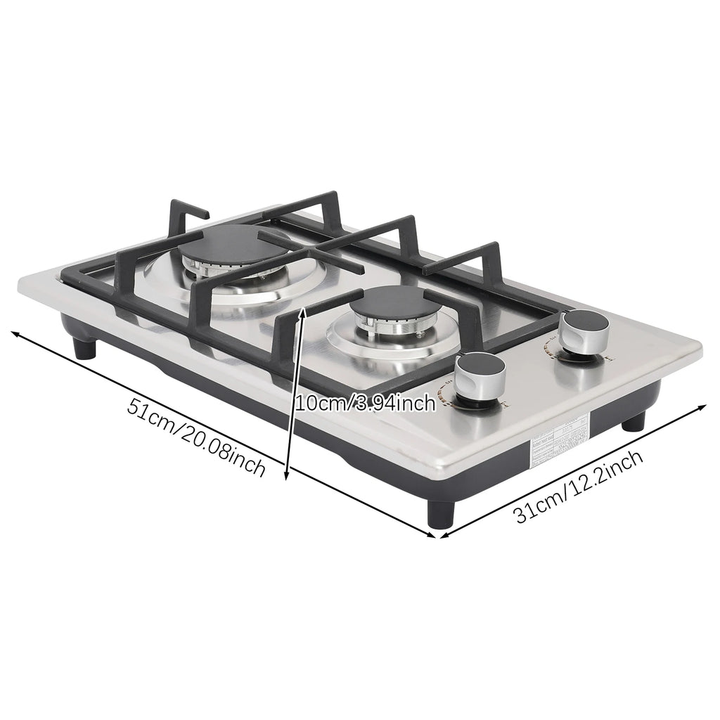 2-Burner Stainless Steel Gas Hob – 3KW + 1.75KW, Portable Countertop or Flush Mounted, 51x31x10cm