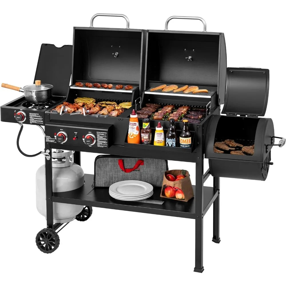 Dual Fuel 2-Burner Grill Combo | Offset Smoker, Side Burner, 34,000 BTU, 1020 Sq. In. Cooking Area, Gas & Charcoal Outdoor Grill