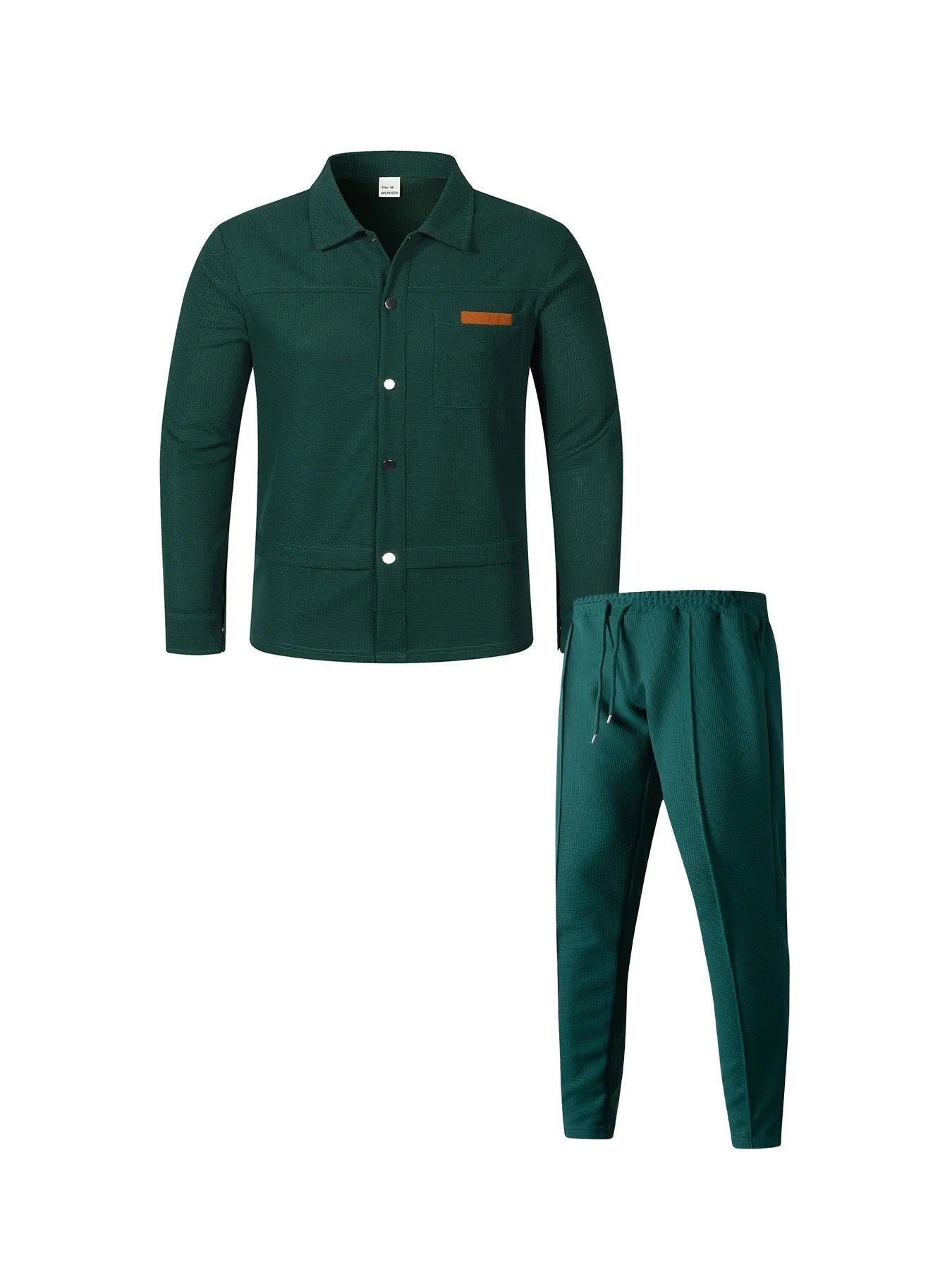 Men's Waffle Knit Button-Down Long Sleeve Jacket & Pants Set – Plain Color Casual Suit