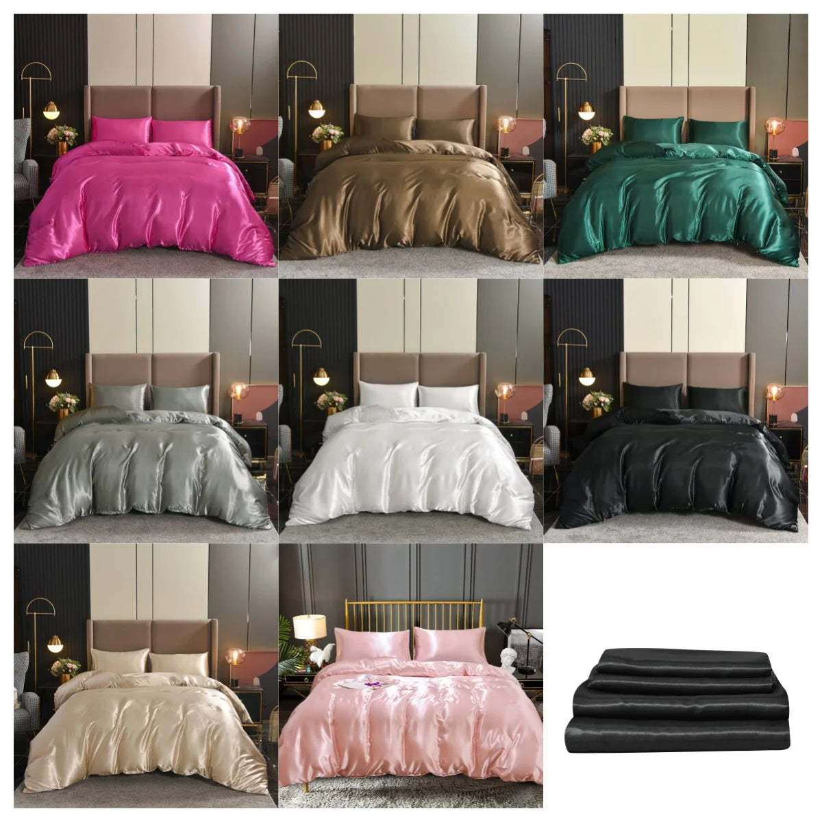 Satin Solid Color Duvet Cover Set – Silky Soft 3-Piece Bedding, 8 Colors & 11 Sizes