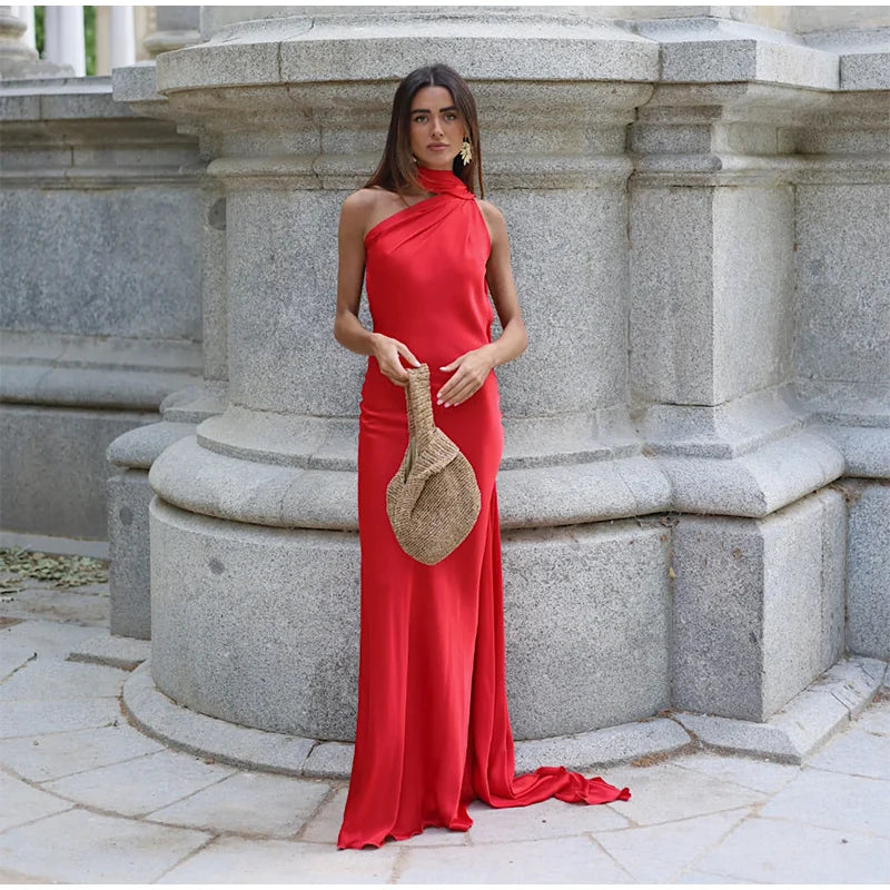 Sexy Satin Halter Backless Party Dress – Off Shoulder Sleeveless Solid Robe Gown 2026