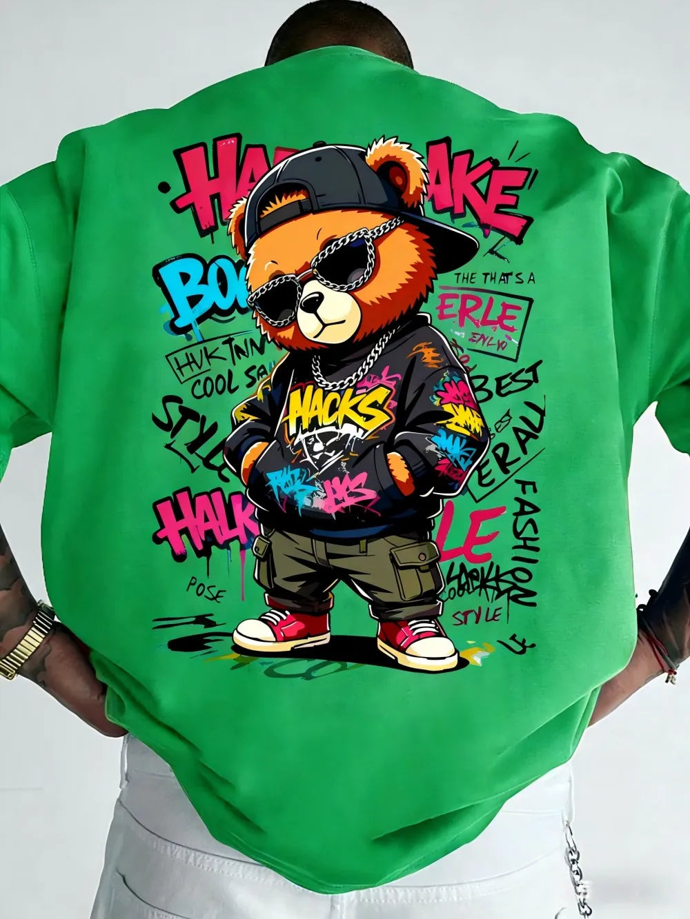Teddy Bear Graffiti Print T-Shirt — Men's Breathable Round Neck Street Style Top