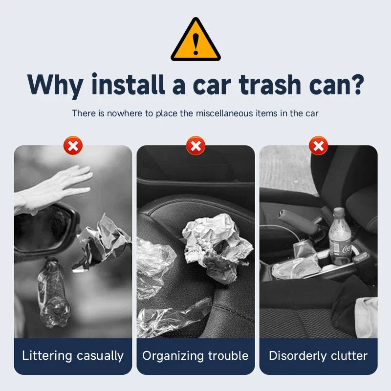 Advertisement for a car trash can with images showing improper waste disposal and benefits of using a car trash can.