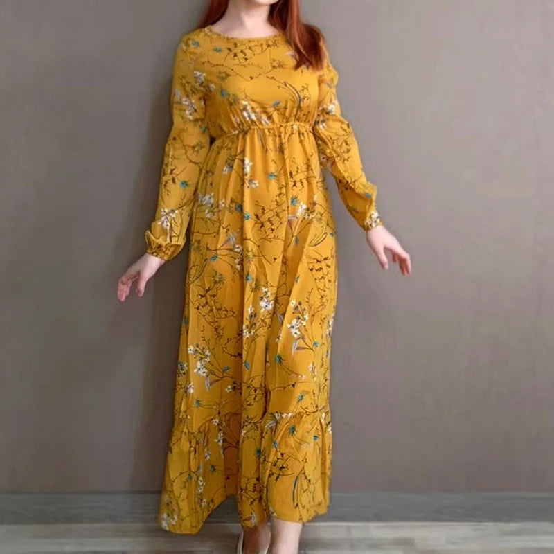 Women Long Dresses Spring Summer Casual Full Sleeve Floral geometry Printed O neck Woman Bohe Beach Party Dress Mujer Vestidos