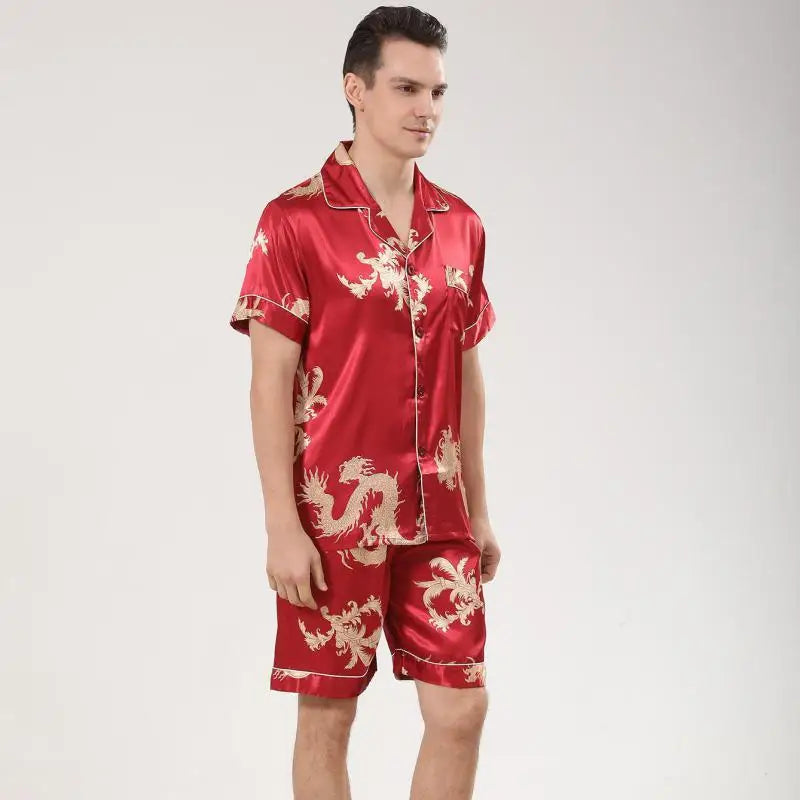 Men's Dragon Print Satin Pajama Set — Lapel Shirt & Shorts