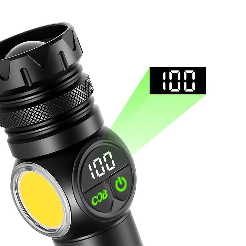 Magnetic Tactical LED Flashlight with COB Side Light – USB Rechargeable, 5 Modes, Zoomable
