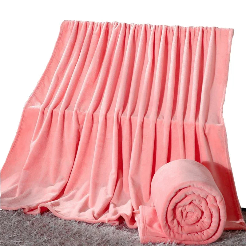 Coral Fleece Flannel Blanket – Solid Blue & Pink Soft Warm Bedspread & Sofa Cover
