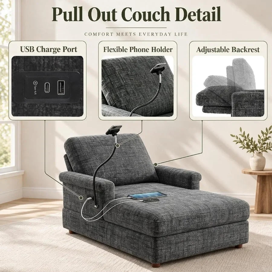 66.5-Inch Gray Sleeper Chaise with USB Charger