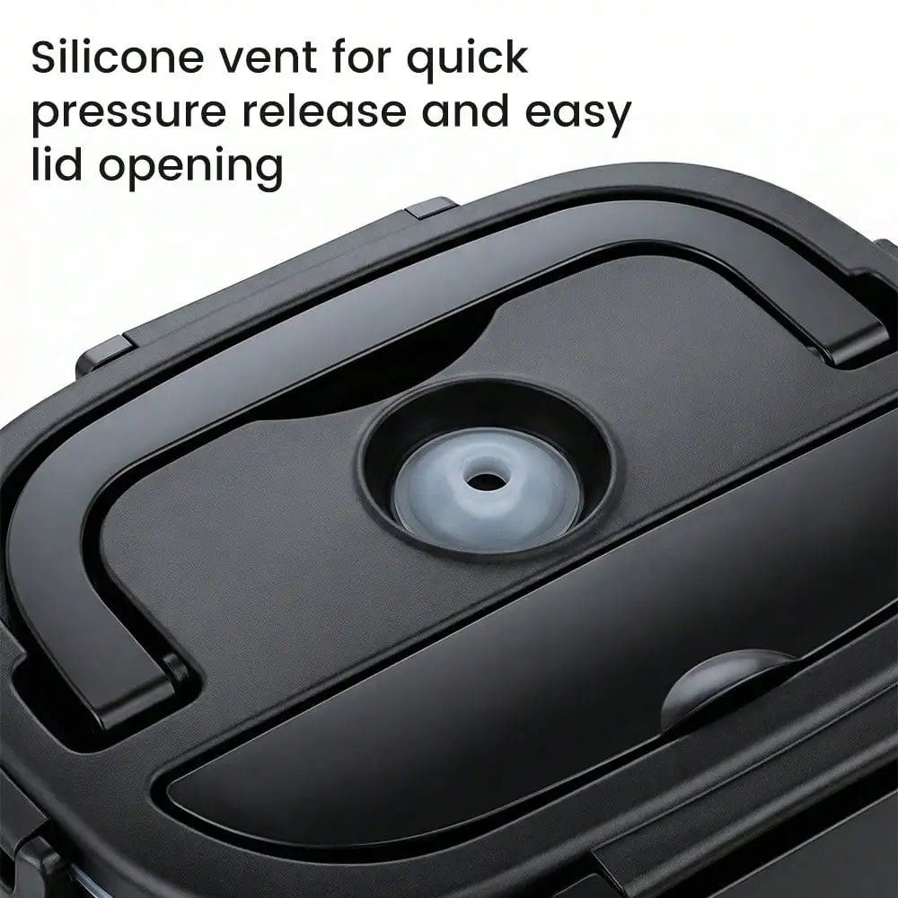 Close-up of a black container lid with a circular translucent vent and text reading 'Silicone vent for quick pressure release and easy lid opening' on a white background.