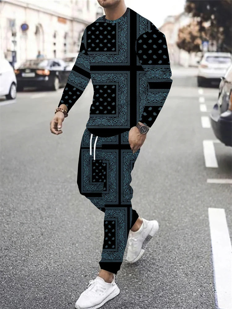 Men's Retro Quilted Print Long Sleeve T-Shirt & Pants Set – Casual Street Sport 2-Piece