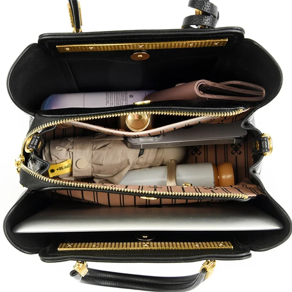 Luxury Genuine Leather 3-Layer Tote Bag – Large Capacity Crossbody Shoulder Bag for Women