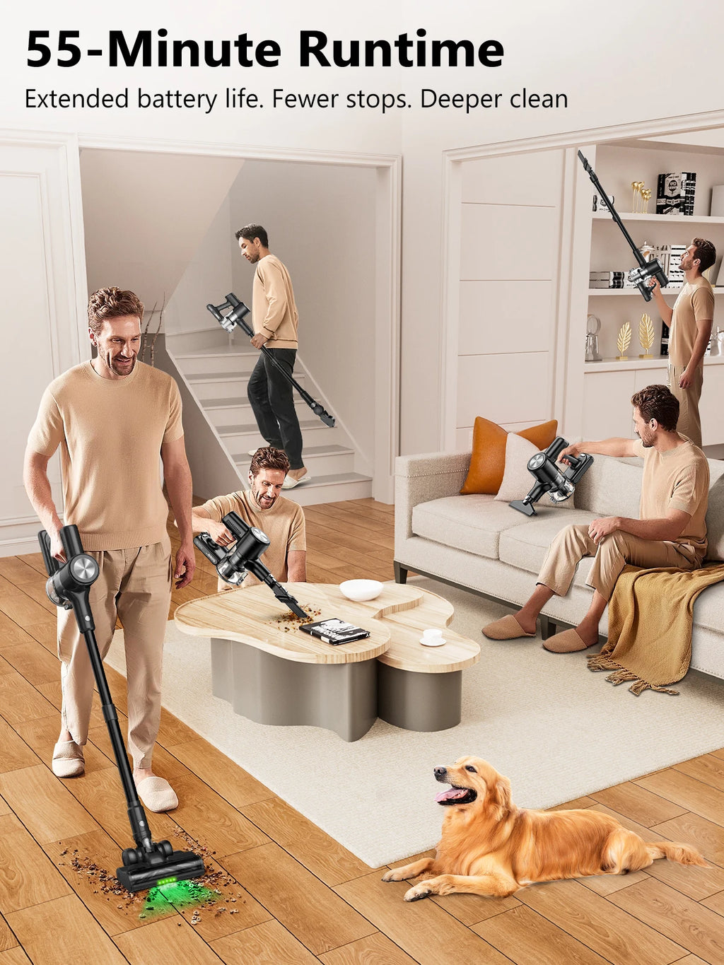 SUXIANGVAC Cordless Stick Vacuum Cleaner — 500W 55Kpa, 55-Min Runtime, Anti-Tangle, HEPA, Self-Standing