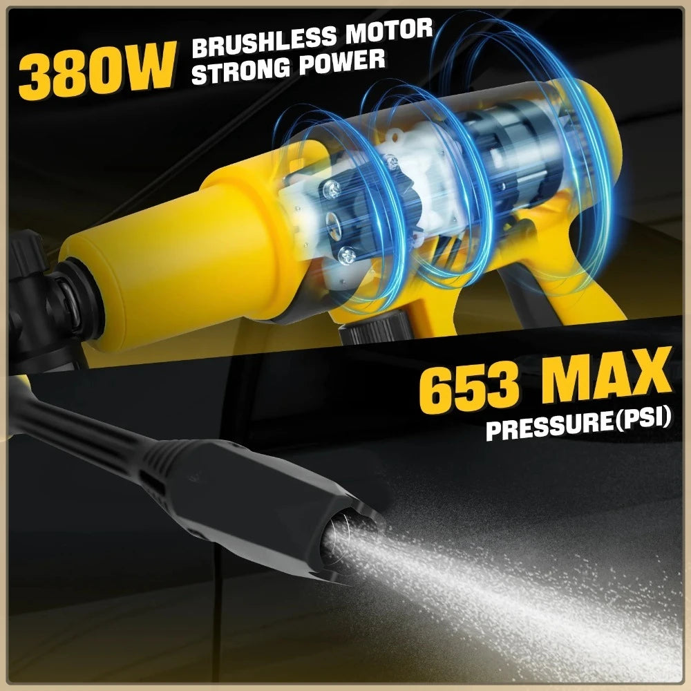 380W Cordless Brushless Pressure Washer – 653PSI, 3-Speed, Compatible with DeWalt 20V Battery (Battery Not Included)