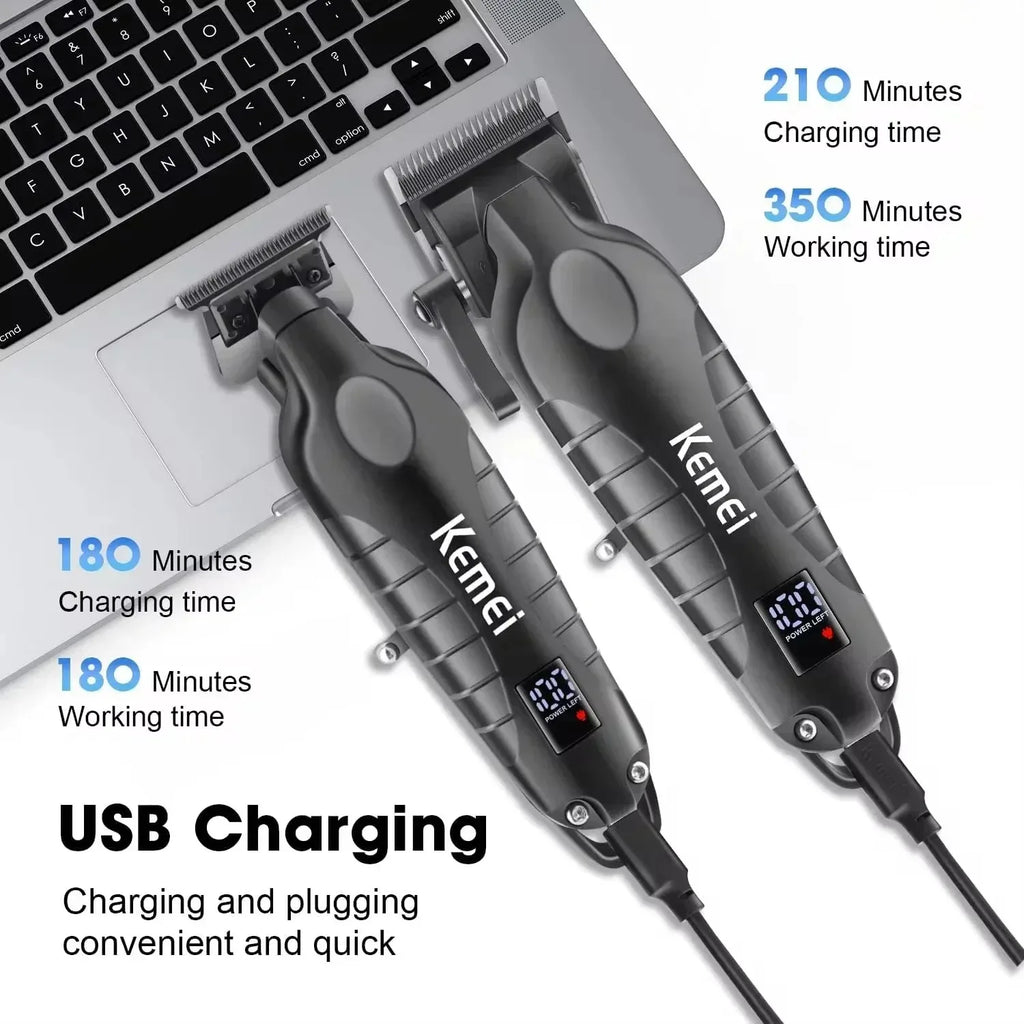 Kemei Professional Hair Clipper & Beard Trimmer – LCD Display, Wet/Dry, USB Fast Charge