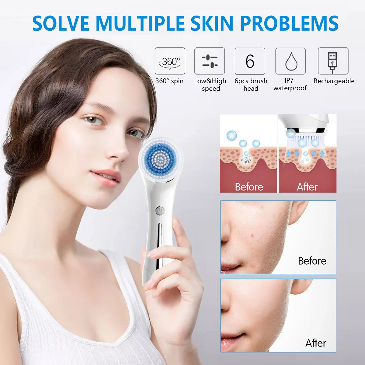 2-in-1 IPX7 Waterproof Facial Spin Scrubber – Rechargeable Electric Exfoliating Face Brush with 4 Heads