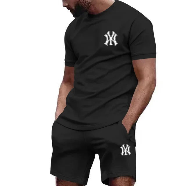 Men's Print Short Sleeve T-Shirt & Drawstring Shorts Running Fitness Set