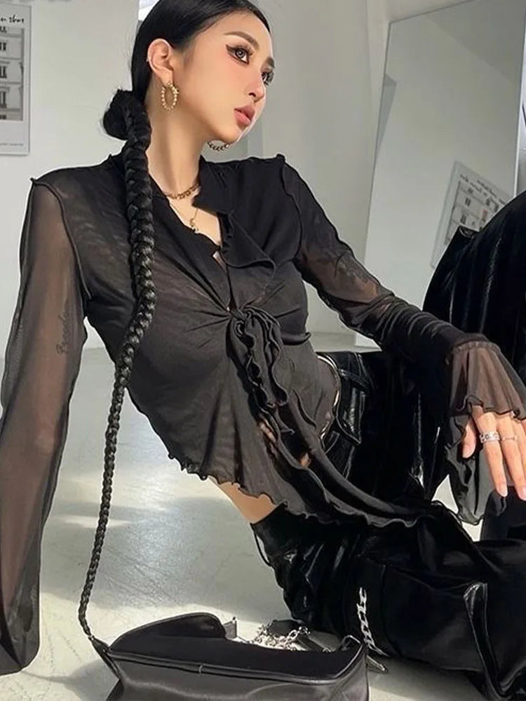 Women's Long Flare Sleeve Blouse – Lace-Up Mesh Korean Fashion Elegant Casual Solid Top