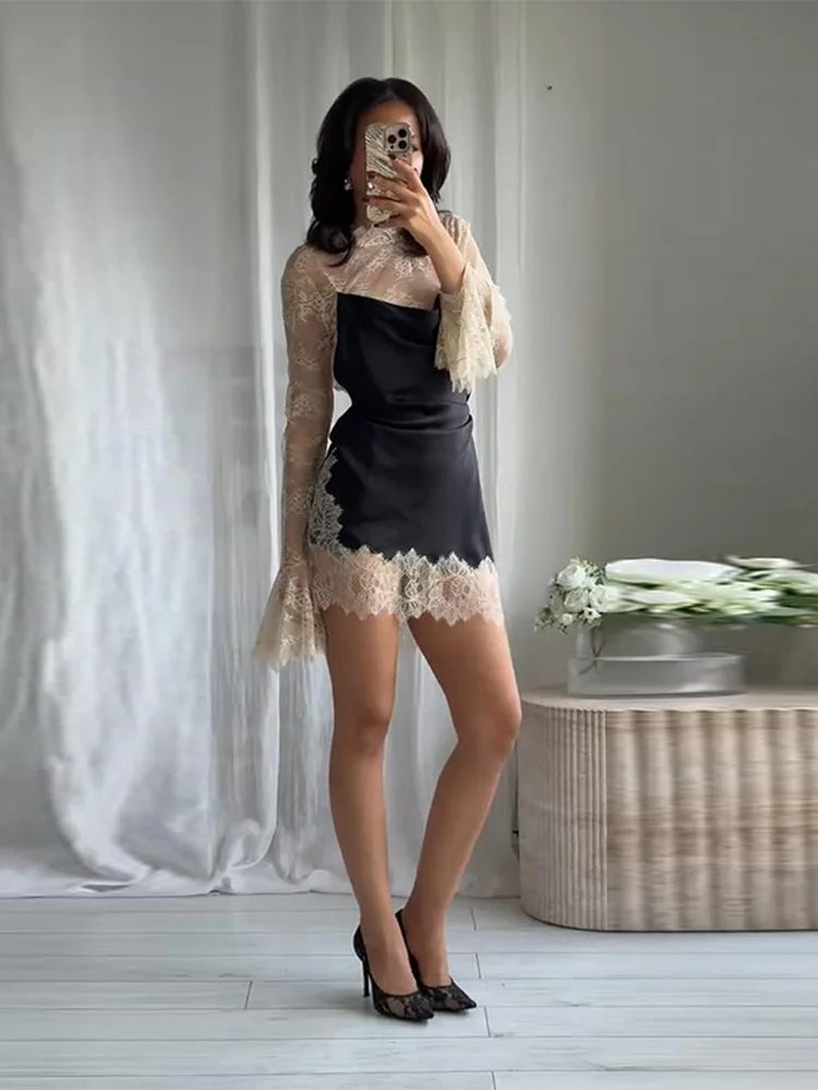 Lace Trim Satin Mini Dress — High Neck Color Block Y2K Party Clubwear