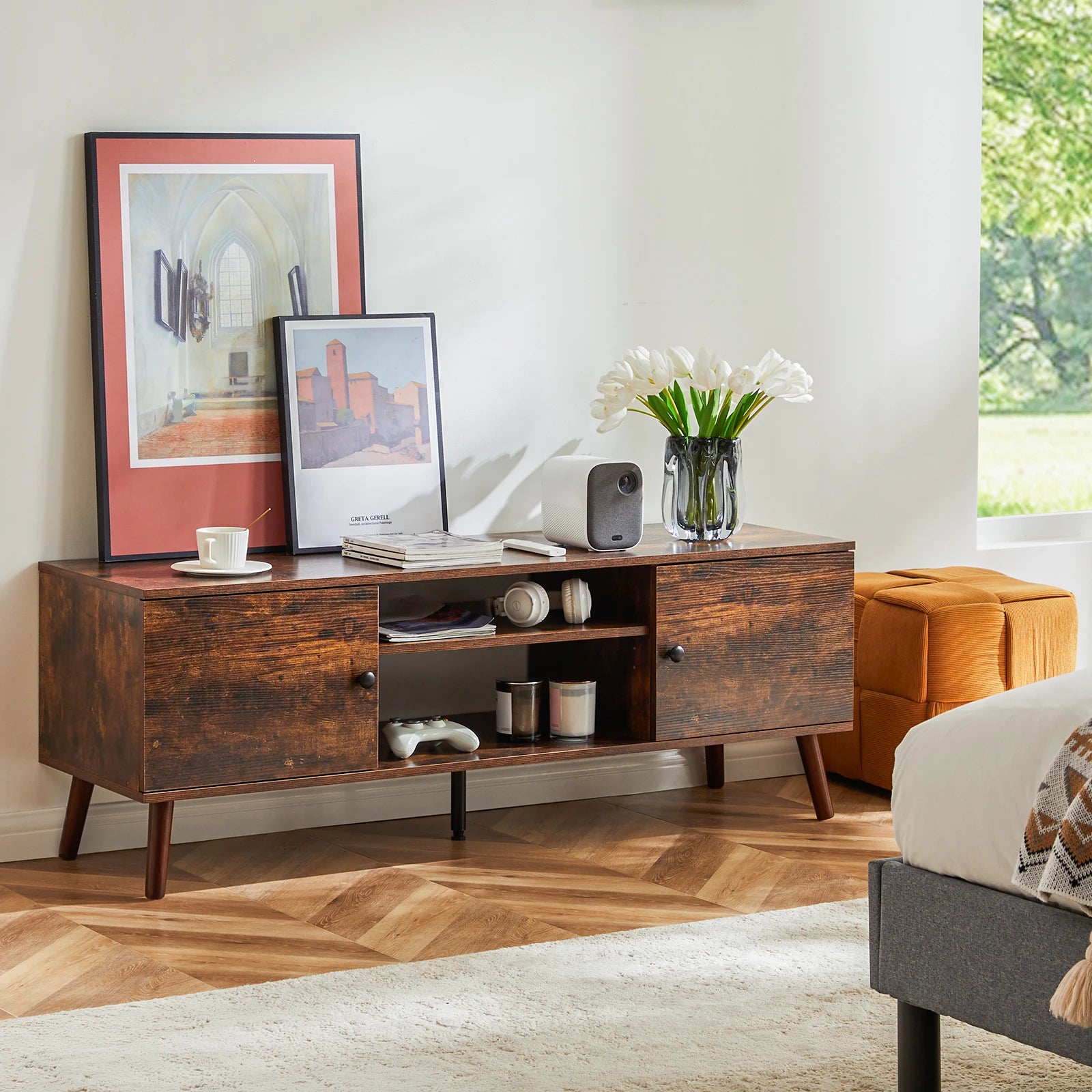Wooden Fireplace TV Stand for 60" TVs — Entertainment Center with Adjustable Shelf & Storage
