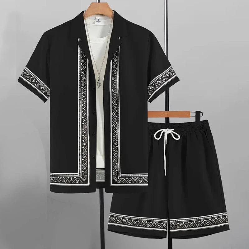 Men's Hawaiian Paisley Print Shirt & Drawstring Shorts Beach Party Set