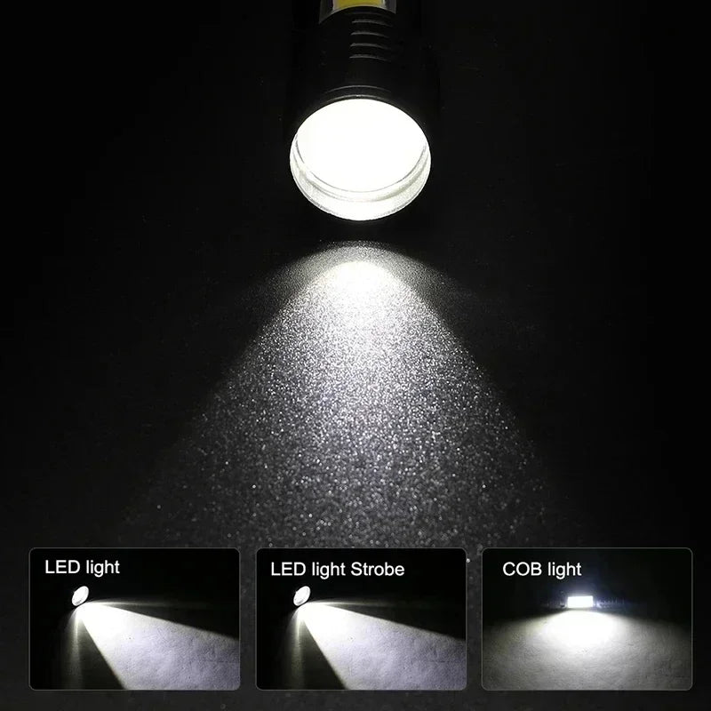 COB+XPE Mini Zoomable Flashlight – 350 Lumen, 3-Mode, USB Rechargeable, Pen Clip, Waterproof Camping Torch