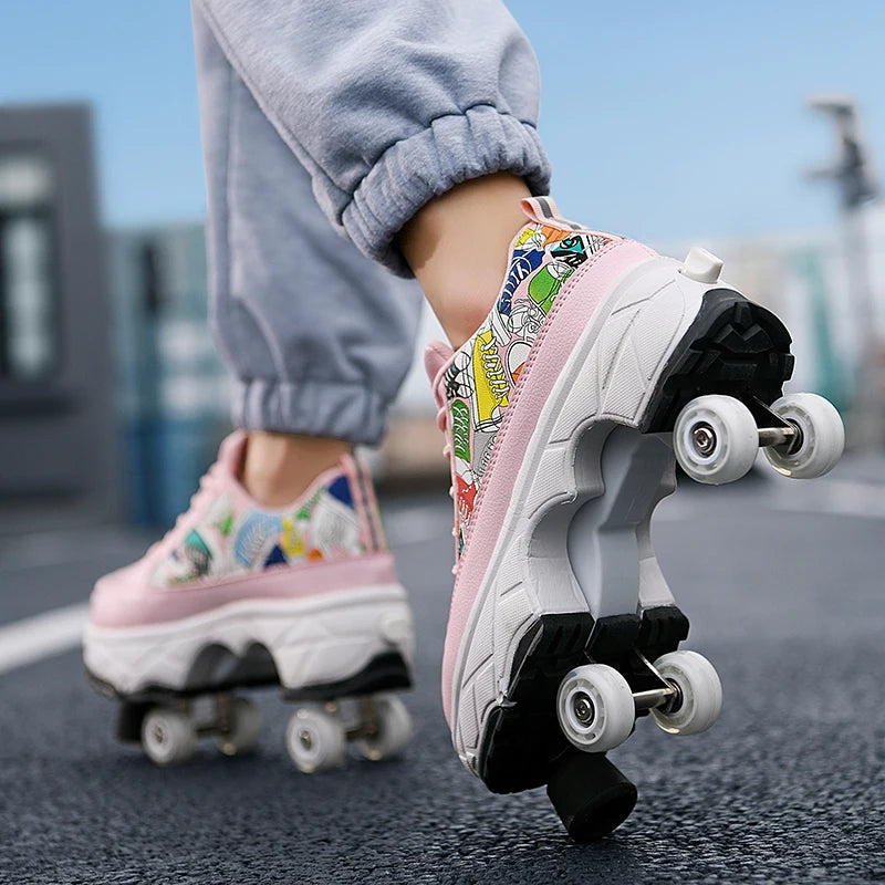 Fashionable 4-Wheel Roller Skate Shoes – Unisex Kids & Adult Outdoor Casual Wheeled Sneakers