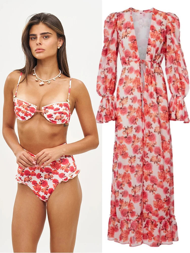 Long Dress Bikini Cover Up | Print Mesh Swimwear, Sexy Floral, Bandage Detail, S-XL