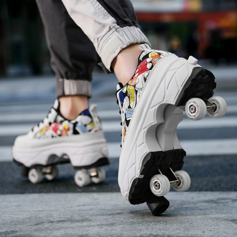 Fashionable 4-Wheel Roller Skate Shoes – Unisex Kids & Adult Outdoor Casual Wheeled Sneakers