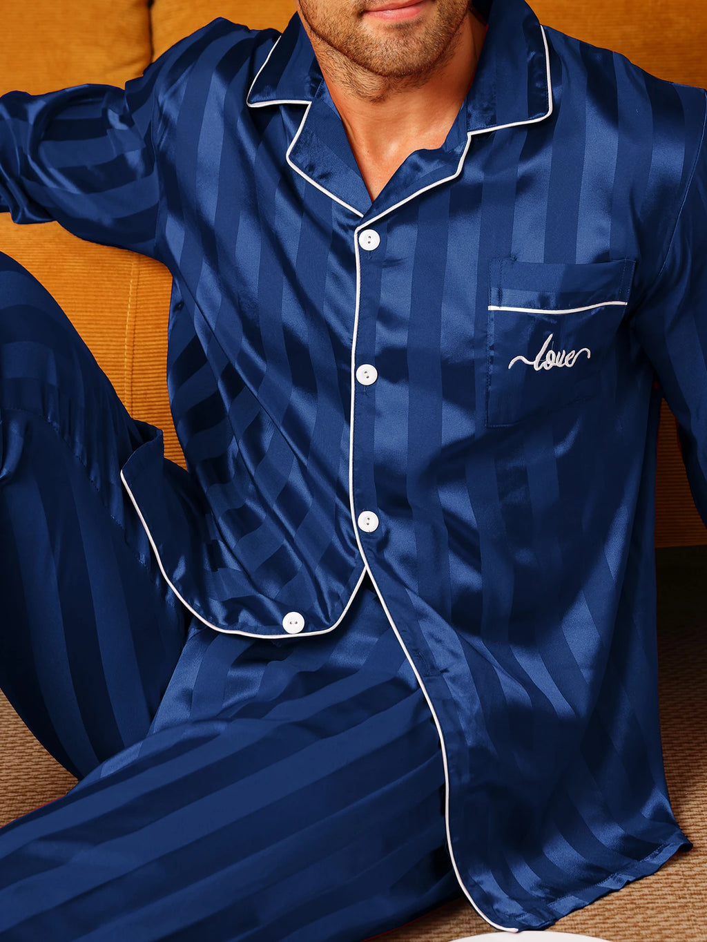 Men's Satin Silk Long Sleeve Pajamas Set | Minimalist Letter Embroidered Sleepwear