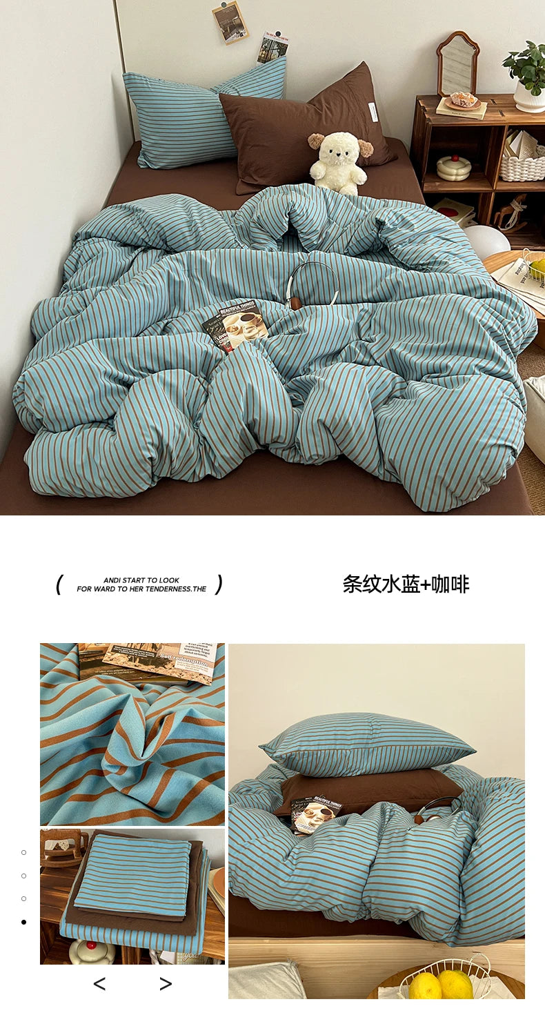 Stripe Print Washed Polyester Bedding Set – 3 or 4-Piece Duvet Cover with Sheet & Pillowcases, 6 Colors