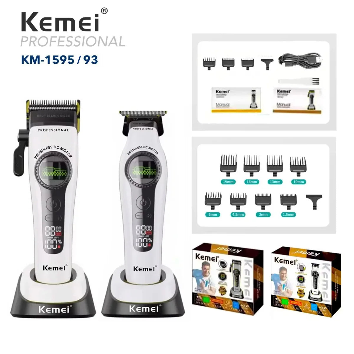 Kemei KM-1593 / KM-1595 Professional Brushless Clipper – 5-Speed, DLC Blade, 200-Min, USB-C