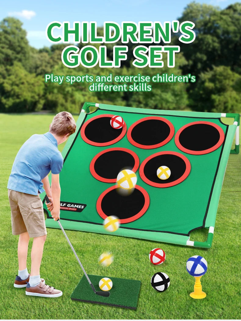 Children's golf set with a target practice board on a grassy field