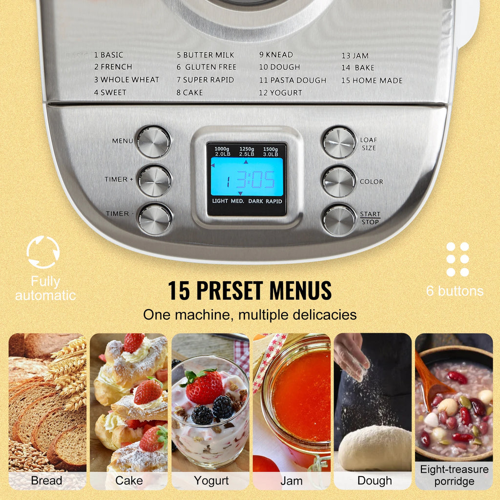 15-in-1 Automatic Bread Maker — 2/3 lb Dough Machine, Nonstick Ceramic Pan, Gluten-Free Setting