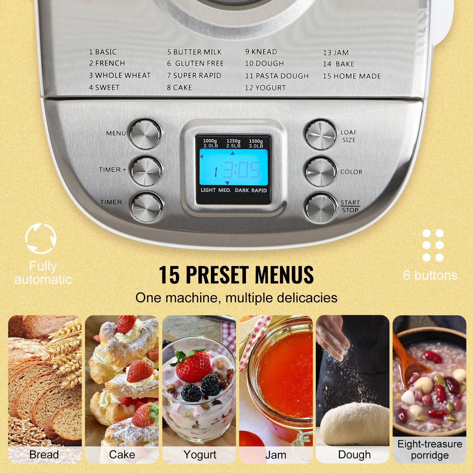 15-in-1 Automatic Bread Maker — 2/3 lb Dough Machine, Nonstick Ceramic Pan, Gluten-Free Setting