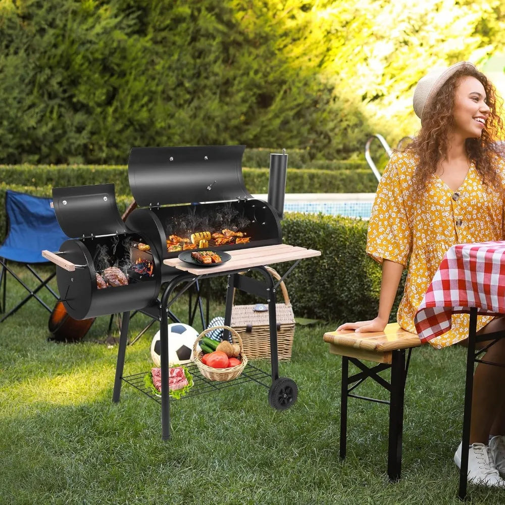 Portable Outdoor Barbecue Grill with Offset Smoker | Alloy Steel, Lid Thermometer, Wooden Handle, Wheels & Storage Tray, Patio, Picnics & Camping