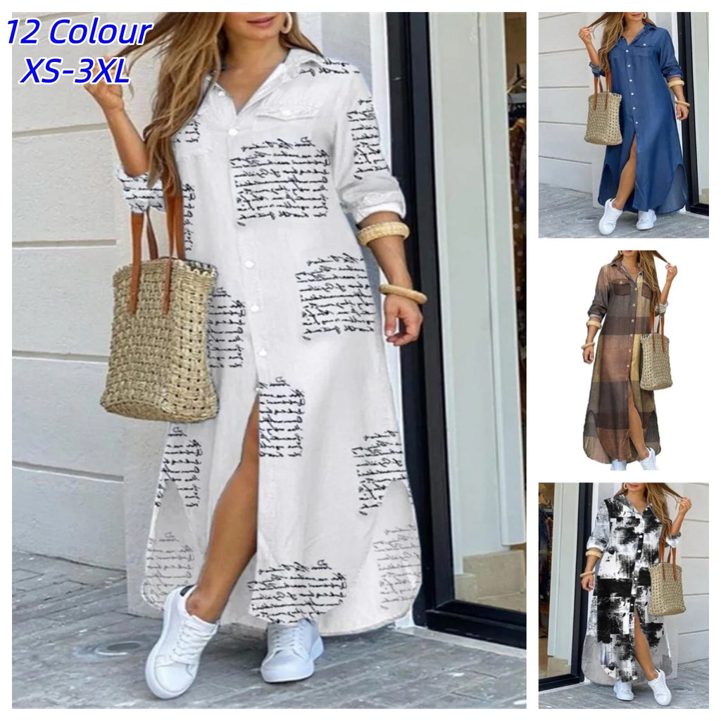 Lapel Literary Print Long Shirt Skirt Dress — Loose Single-Breasted Casual Women's Dress