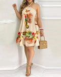 Floral Print Halter Neck Backless Boho Dress – Spring & Summer Women's Casual Dress