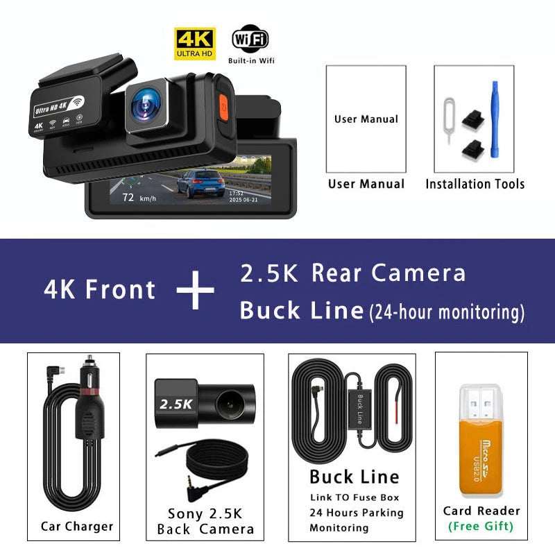 ADAS 4K+2.5K Dash Cam – GPS, WiFi, 24H Night Vision, Optional Rear Lens, Mini Car DVR