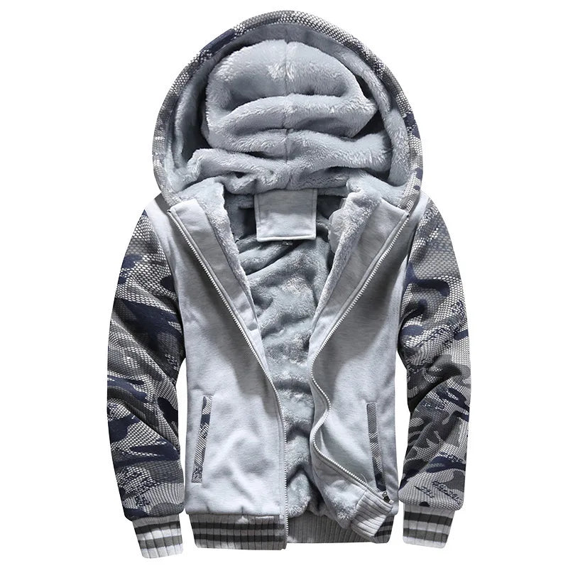 Men's Camouflage Fleece Hooded Zip Jacket – Thick Streetwear Coat for Autumn & Winter