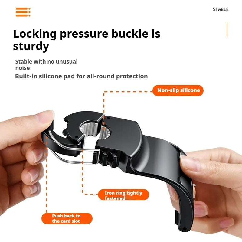 Locking pressure buckle with hands holding it, text highlighting features on a white background