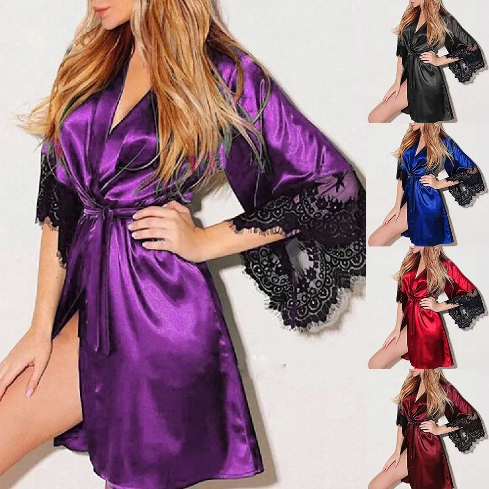 Women's Lace Floral Satin Night Gown Robe – Sexy French Silky Sleepwear with G-String